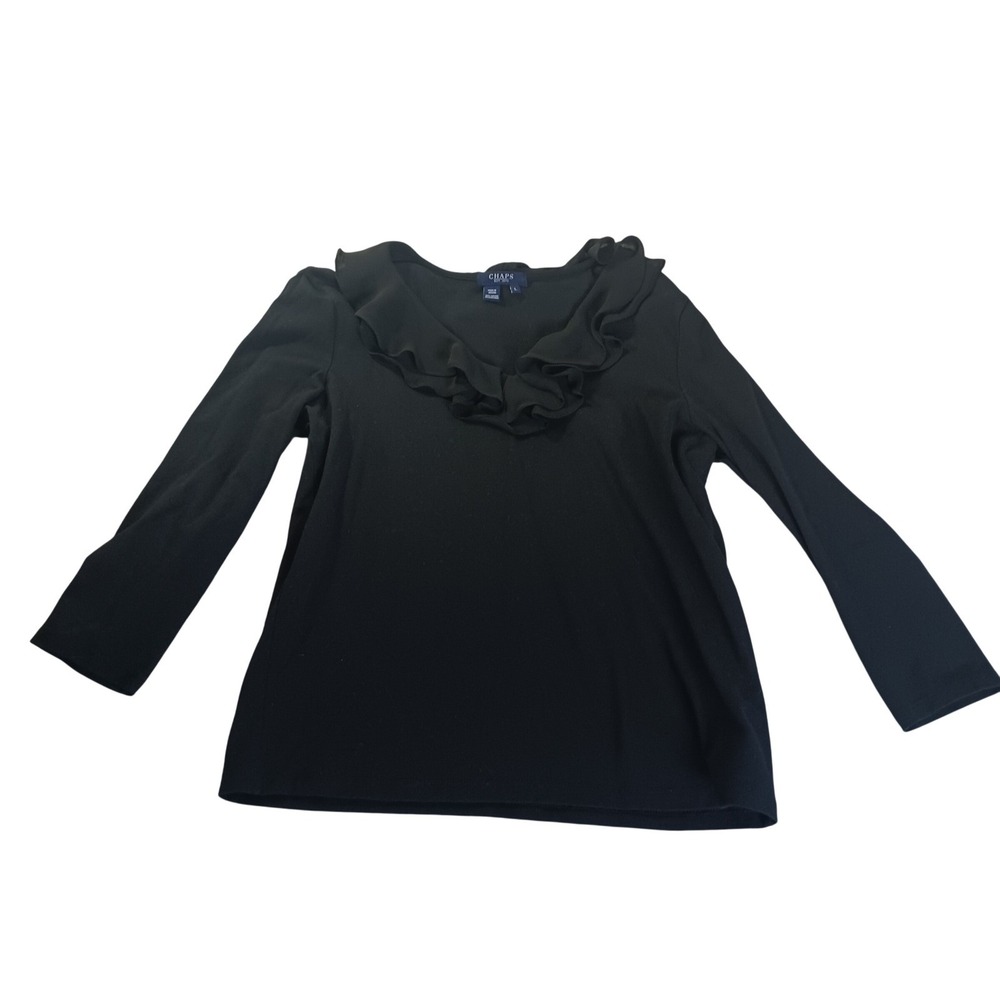 Chaps‎ Ruffle Neck Top 884094316175 Womens L Black Cotton Stretch Preppy Classic